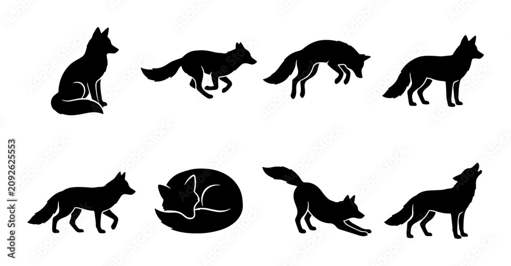 Obraz premium Fox Silhouettes Collection: Diverse Poses, Wildlife Vector Icons, Animal Graphics