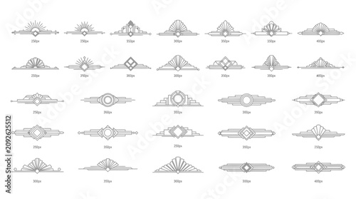 Art deco geometric dividers and sunburst ornaments with architectural symmetry design set.