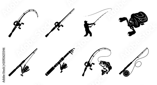 Quadro su tela Fishing Rod Silhouettes, Angler Action, Tackle Gear Icons, Vector Set
