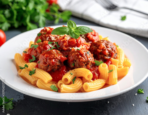 Elbow macaroni topped with meatballs and red sauce, white plate. AI