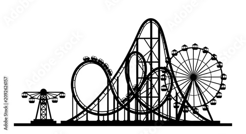 Bild auf Leinwand Amusement park rides and rollercoaster in black silhouette ferris wheel swing ca