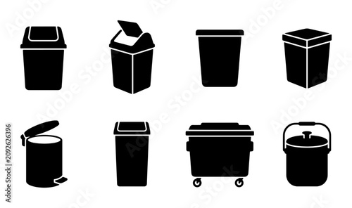 Foto Collection of Black Trash Can Icons, Waste Bin Vector Graphics, Garbage Containe