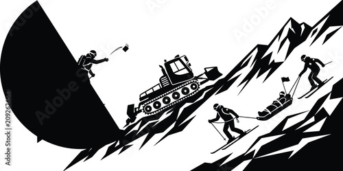 Obraz na płótnie Mountain ski patrol rescue team with snowcat and injured skier on a stretcher
