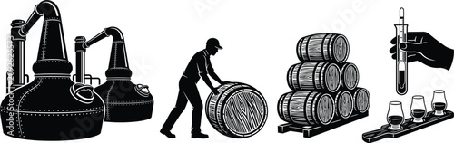 Schilderij op canvas Distiller silhouettes featuring copper stills, wooden aging barrels, and alcohol