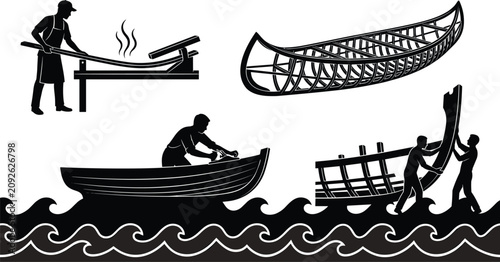 Schilderij op canvas Traditional wooden boat building process silhouettes with craftsmen working on c