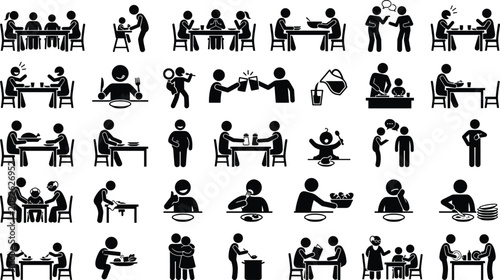 Set of black stick figure icons showing people eating food and dining together at home or in a restaurant with various daily meal activities and social gatherings in simple style