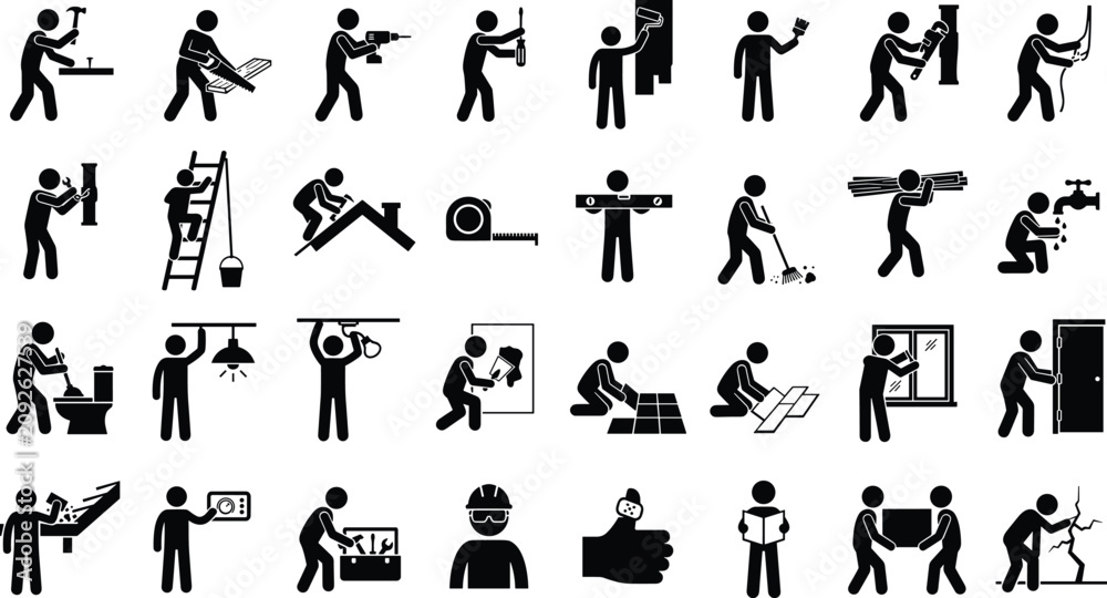 Obraz premium Set of black and white safety and daily life activity icons showing people performing various household tasks and emergency procedures in a simple flat graphical design style