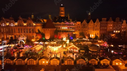 Beautifully lit Christmas market in the Main City of Gdansk at dusk. Poland