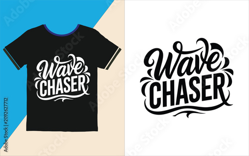 Obraz na plátně Wave chaser logo design on black tshirt and white background  surfing apparel