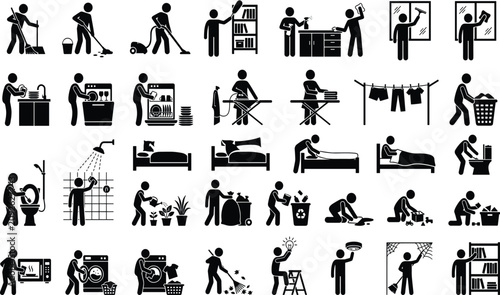 Set of black icons showing a person doing various household chores and daily cleaning tasks like washing dishes vacuuming laundry and tidying up the home in a simple graphic style