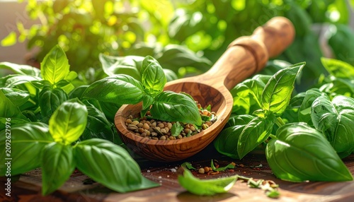 Hand Carved Wooden Spoon Filled With Herbs and Lentils Amidst Fresh Basil Leaves