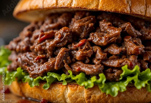 Macro shot of pulled beef sandwich filling, tender meat fibers, smoky barbecue glaze, toasted bread texture, fresh greens, appetizing close-up.