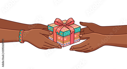 Foto Gift Exchange Illustration With Hands Colorful Wrapping And Ribbon