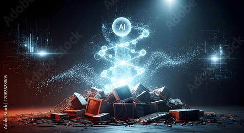 Abstract AI concept emerges from discarded technology against dark futuristic backdrop