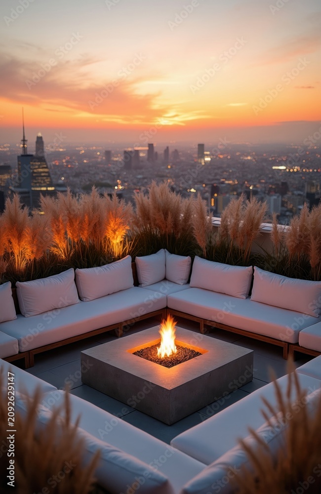 Fototapeta premium Modern rooftop lounge terrace features square fire pit with flames. White sofas surround fireplace on outdoor deck area. Evening sunset sky glows above city skyline buildings. Luxury penthouse