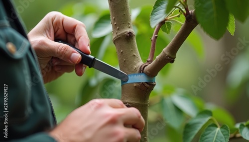 Pruning tree branch with gardening knife for better growth and health. Pruning process includes careful cuts on the branch to enhance tree vitality and appearance.