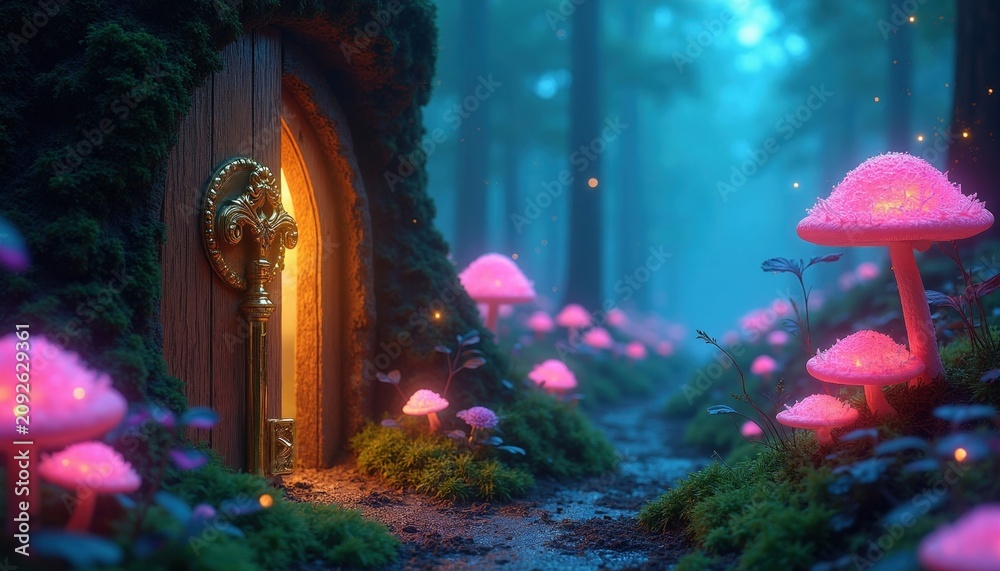 Obraz premium Fantasy forest entrance with glowing pink mushrooms. Golden key unlocks mysterious door in mossy tree trunk. Magical path leads through dark woods.