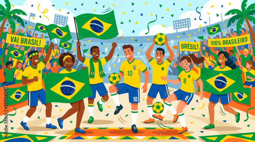 фотографія Vibrant illustration of joyful Brazilian fans celebrating a sports victory in a