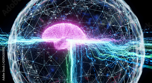 Glowing neural network brain structure with digital data streams against dark background