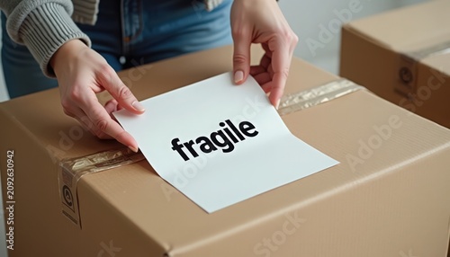 Applying fragile label on cardboard box during packing process for safe shipping. Fragile packaging includes careful handling instructions and protection for delicate items.