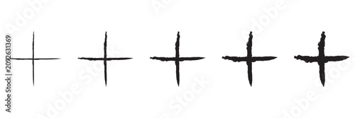Plus sign collection, hand painted plus symbols, black isolated on white background, vector illustration.