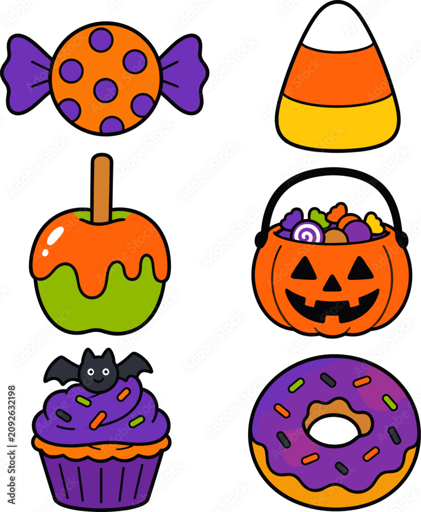 Fototapeta premium Halloween Candy Doodle Clipart – Candy Corn, Cupcake, Donut and Trick or Treat Vector Set