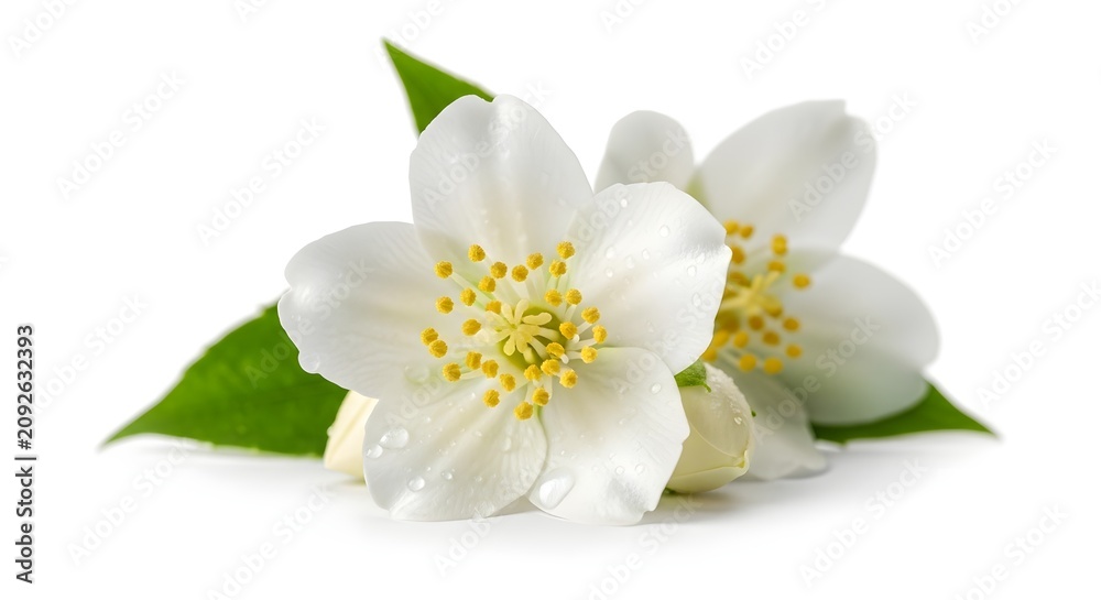 Fototapeta premium Delicate Jasmine Blossoms with Dew Drops in Soft Natural Light Against a Clean White Background