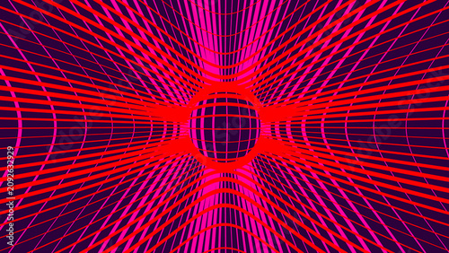 Abstract digital background with a glowing red and pink spherical distortion effect on a dark grid
