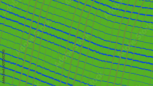 Abstract geometric pattern with wavy blue and brown lines on a vibrant green background