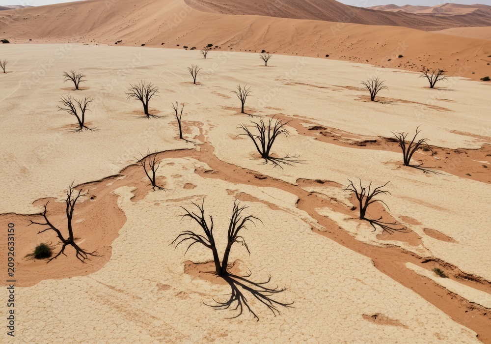 Obraz premium Aerial view of dead trees scattered across cracked white clay pan surrounded by red sand dunes in a barren desert