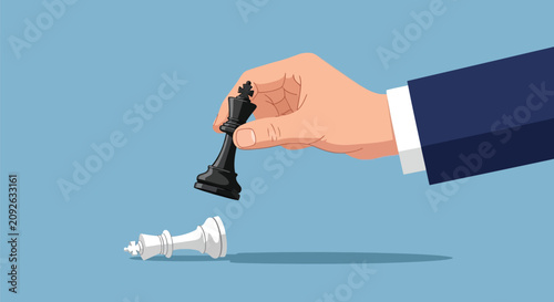 Schilderij op canvas Professional hand moving chess piece of king to defeat opponent concept on blue background showing strategic move of business leadership and corporate victory