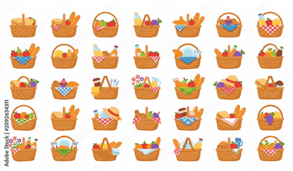 Obraz premium Cartoon Picnic Basket Collection with Food Flowers and Drinks Vector Illustration