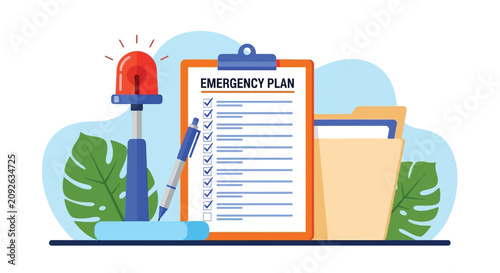 Cuadro en lienzo Emergency plan clipboard checklist with red flashing alarm light and folders on background symbolizing urgent preparedness and crisis management strategy for unexpected situations