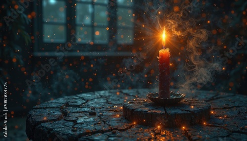 Candle burning on rustic table with glowing light and swirling smoke, creating a warm atmosphere in dimly lit room. Candle flame illuminates surroundings, enhancing cozy mood for interior design.