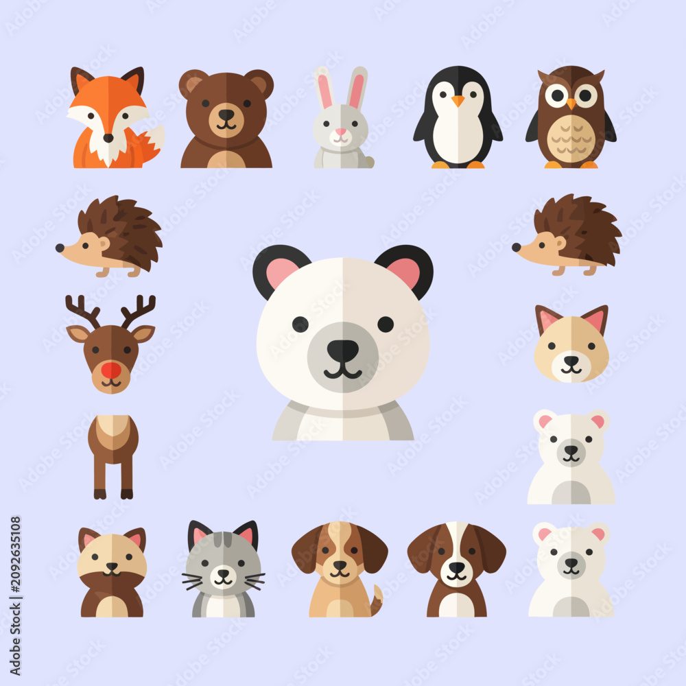 Fototapeta premium Cute Animal Faces Collection: Fox, Bear, Penguin, Owl, Rabbit, Hedgehog, Deer, Dog, Cat