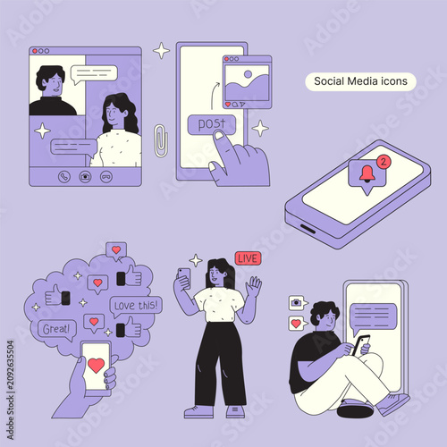 Social media communication and online networking flat illustration set