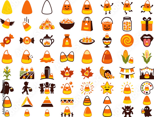 Candy corn Halloween treats and autumn festive sweets icon set. Containing cute candy corn characters, trick or treat bags, gift boxes, spooky ghosts and many more