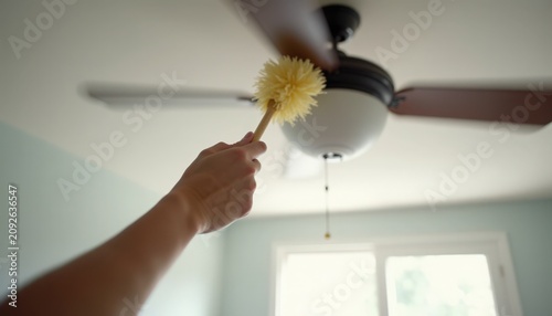Cleaning ceiling fan with duster in modern room. Dusting ceiling fan with yellow duster while cleaning bright living room. Concept cleaning and household maintenance for home improvement.