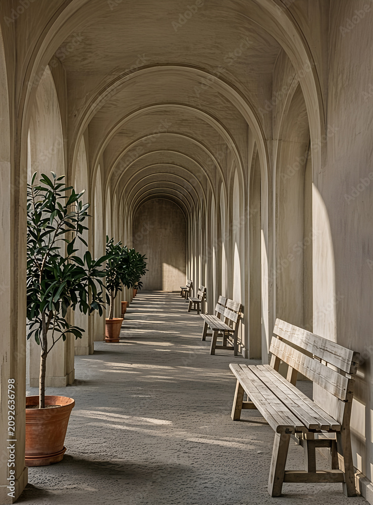 Fototapeta premium Archway corridor features a series of wooden benches placed along the stone wall.