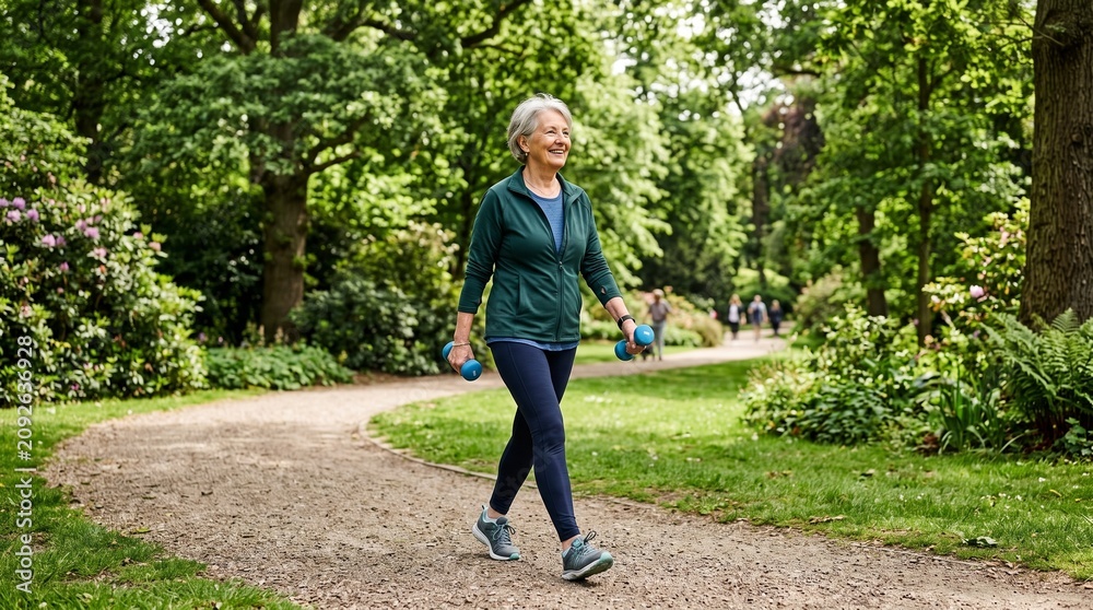 Fototapeta premium Elderly woman exercising with dumbbells while walking on a park path surrounded by lush green trees and foliage