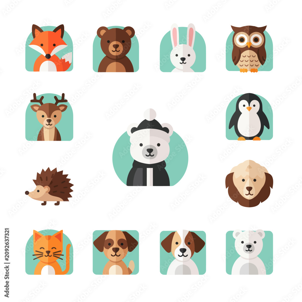 Obraz premium Cute Animal Icons Set: Fox, Bear, Rabbit, Owl, Deer, Penguin, Dog, Cat