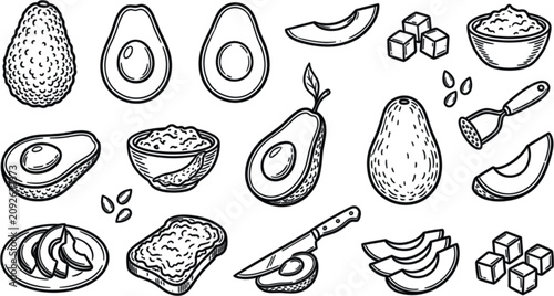 Fotografie Avocado vector icon set featuring hand drawn line art elements sliced halves whole fruit guacamole toast and knife