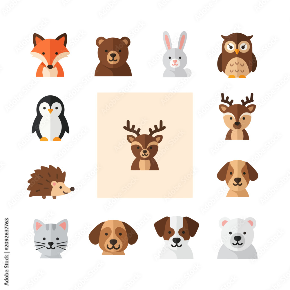 Obraz premium Cute Animal Icons Set: Fox, Bear, Rabbit, Owl, Penguin, Deer, Hedgehog, Dog, Cat