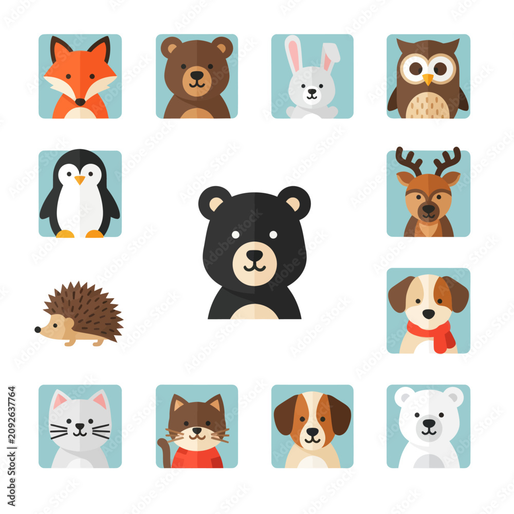 Obraz premium Cute Animal Icons Set: Fox, Bear, Rabbit, Owl, Penguin, Deer, Hedgehog, Dog, Cat, Polar Bear