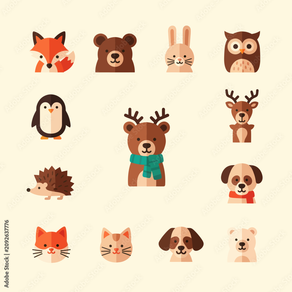 Fototapeta premium Cute Animal Icons Set: Fox, Bear, Rabbit, Owl, Penguin, Deer, Hedgehog, Dog, Cat
