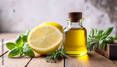 Bottle Of Essential Oil With Herbs Lemon Basil Flower Rosemary