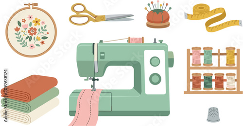 Canvastavla Sewing machine vector icon set featuring vintage equipment fabric rolls scissors thread rack embroidery hoop pincushion and thimble
