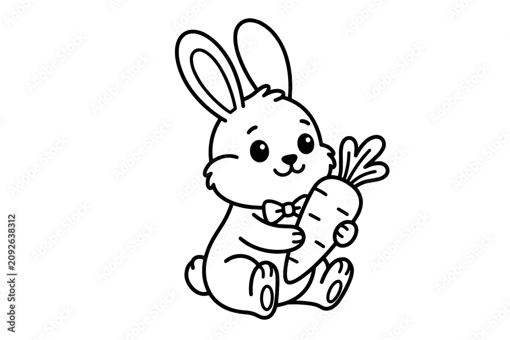 Fototapeta premium Cute cartoon bunny rabbit wearing a bow tie holding a carrot in black and white outline style