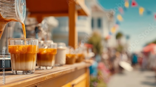 Iced Vietnamese Coffee Served from Street Cart on Coastal Boardwalk