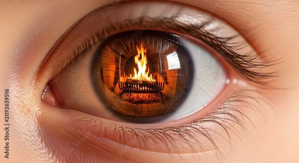 Naklejka premium Human eye with fireplace reflection in iris during cozy evening warmth concept